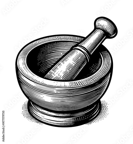 Engraved Illustration of Mortar and Pestle Used for Grinding Herbs and Spices
