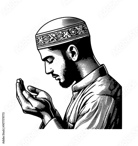 Man with Beard and Kufi Praying with Hands in Supplication in Black and White Engraving