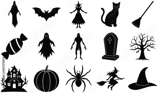 Halloween Icons Black Silhouettes Collection Set
