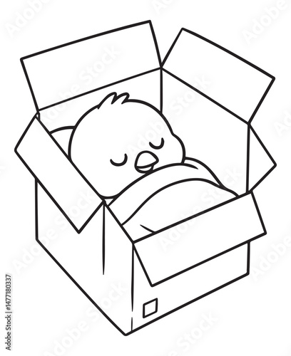 Coloring book chick sleeps peacefully inside a box. Adorable line art for coloring education for kid