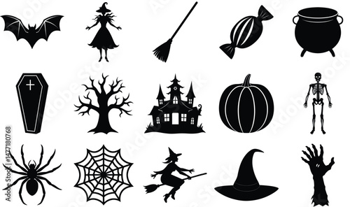 Halloween Icons Black Silhouettes Collection Set
