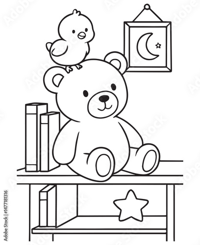 Coloring book chick sits on the head of a teddy bear, both perched on a shelf with books and a star decoration