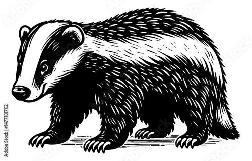 Black and White Engraving of a Badger Standing in Detailed Close Up View