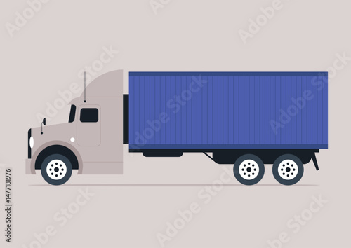 A well-designed container truck stands parked in an urban setting, prepared for a day of transporting goods