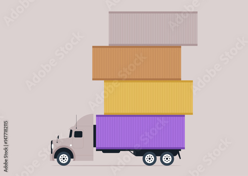 A funny container truck proudly displays a towering stack of five vibrant shipping containers, showcasing colors of orange, purple, yellow. The scene captures the efficiency of logistics operations