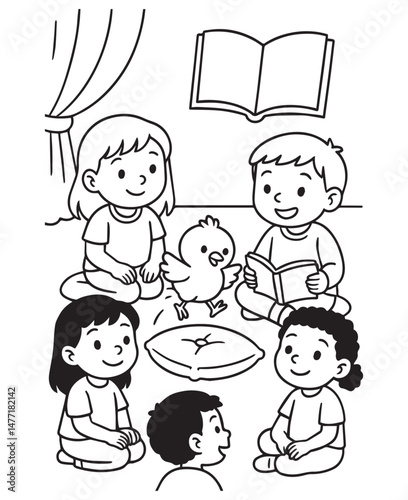 Coloring book  chick stands on a pillow in the center of a circle of happy children,