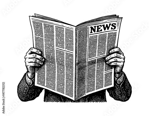 Hands Holding Newspaper Reading News in Black and White Detailed Outline Line Art