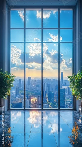 Modern office view with city skyline and sunset