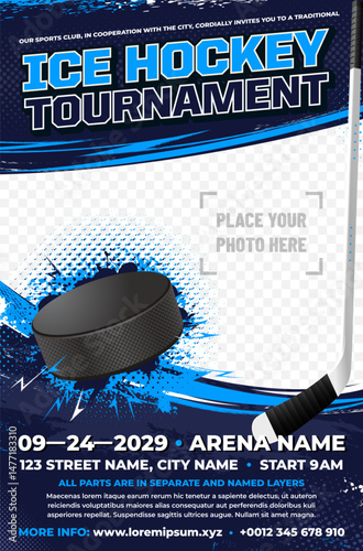 Dynamic ice hockey tournament poster template with puck and stick