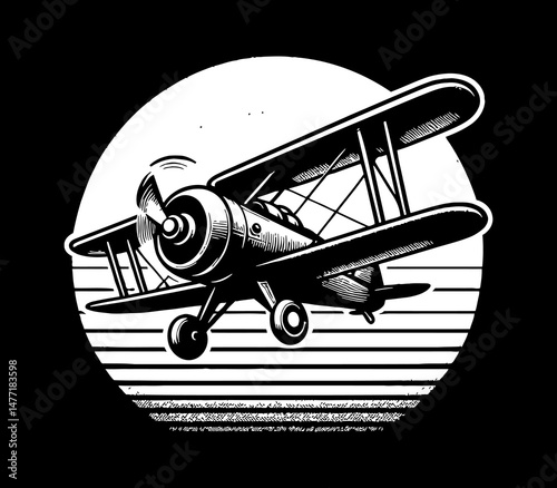 Vintage Airplane Flying in Black and White Engraving Style with Circle Background