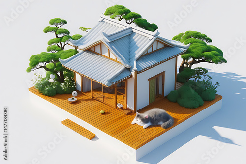 Zen-Style Wooden Bungalow with Minimal Garden – 3D Render