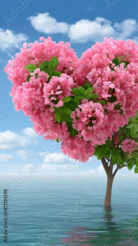 Romantic pink heart shaped flowering tree rising out of water against a blue sky with clouds symbolizing love and nature's beauty in a serene landscape