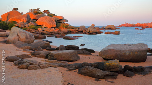 The Cote de Granit Rose (Pink Granite Coast) at Renote Island, Tregastel, Brittany, Cotes d'Armor, France, with pink rocks of various shapes 