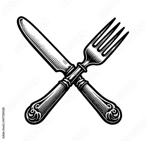 Fork and Knife Crossed Illustration Isolated on White Background in Detailed Black and White Line Art