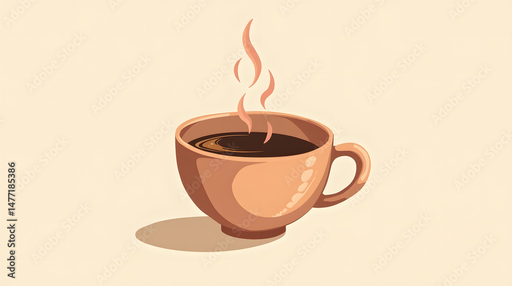 Obraz premium Cup of black coffee illustration in the cream color. Simple americano coffee. Long black coffee. Espresso shot