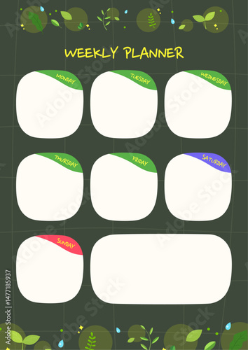 Eco-friendly weekly planner with forest leaf decorations and dark green background. Vector illustration.