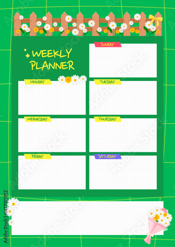 Weekly planner template with daisy flowers and grid layout on green background. Vector illustration.