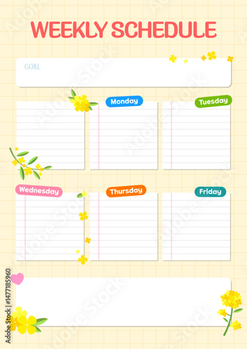 Colorful weekly schedule template with lined note sections and yellow flower decorations. Vector illustration.