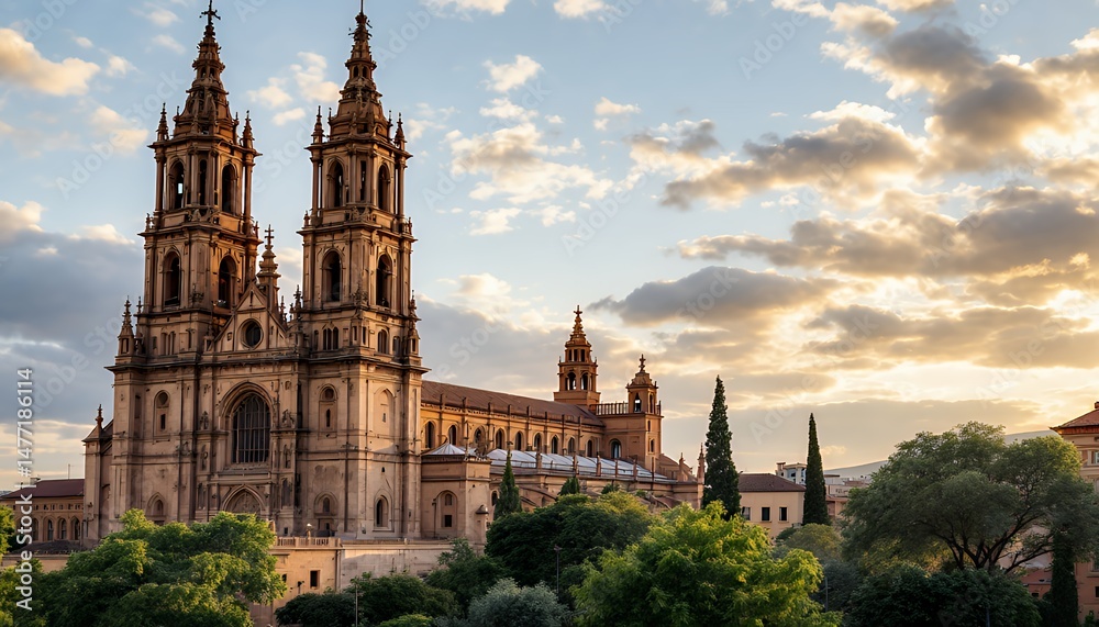 Fototapeta premium Jaen Cathedral at Sunset with Baroque Facade and Dramatic Sky in Spain
