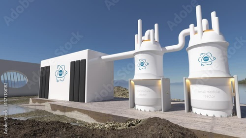 concept of a SMR small modular nuclear reactor power plant on a sunny day. SMR is a future energy concept. 3d rendering.