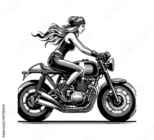 Girl Riding Motorcycle in Black and White Detailed Vector Art Illustration Style