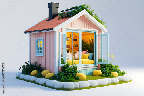 A charming house with a flower-filled garden showcases its inviting facade and windows under the vast sky