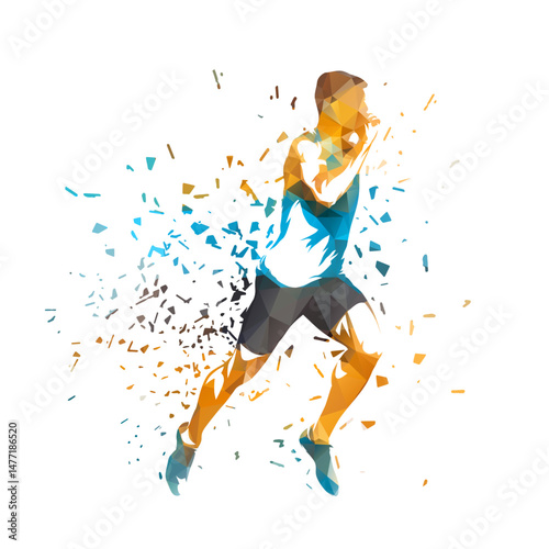 Run, athletics, running man, male sprinter, low polygonal isolated vector drawing, side view