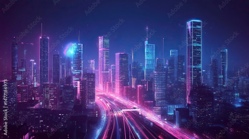 Obraz premium A futuristic cityscape with glowing skyscrapers and neon light trails on the roads at night time