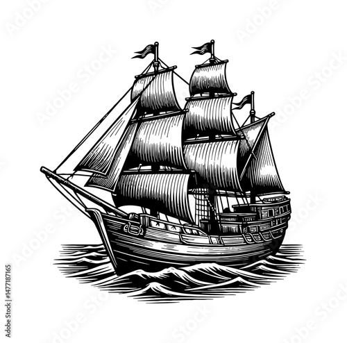 Engraving of a Classic Sailing Ship on the Sea with Detailed Sails and Hull Design