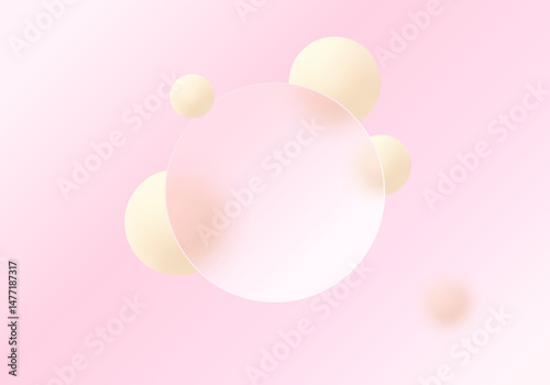 Pastel pink glassmorphism background with soft spheres and a translucent circular panel. Ideal for elegant modern designs.