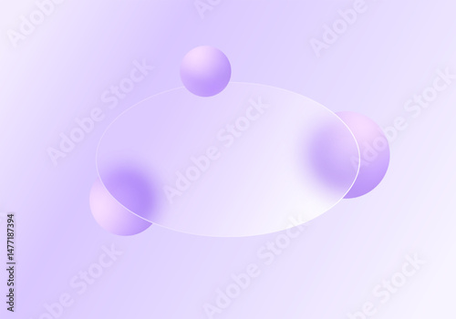 Elegant glassmorphism background with soft lilac gradient, translucent oval panel, and glowing violet spheres. Ideal for modern UI design.