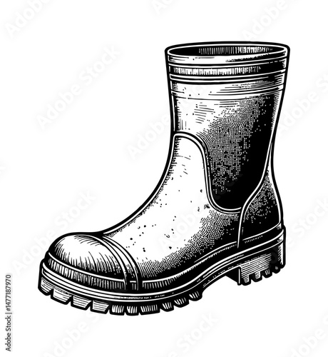 Monochrome Engraved Style Illustration of a Single Rubber Rain Boot on White Background