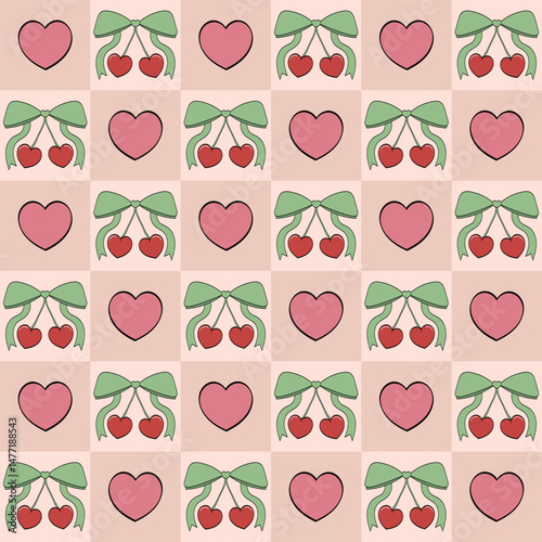 checkered cherries and hearts seamless pattern