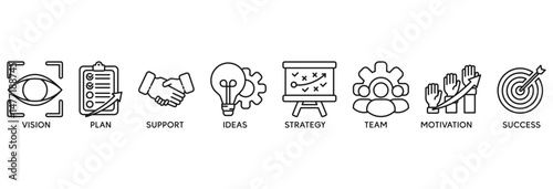Goals icon set vector illustration concept relate to vision, plan, support, ideas, strategy, team, motivation, and success