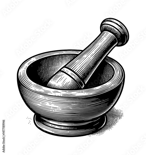 Detailed Engraved Illustration of Mortar and Pestle in Black and White with Line Art