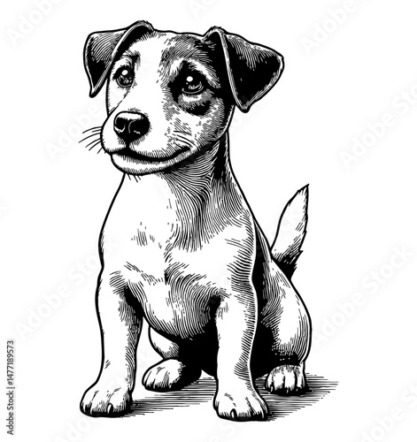A cute dog sitting upright with a curious expression in detailed black and white engraving
