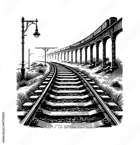 Black and White Engraving of Train on Railroad Tracks with Bridge and Lamp Post