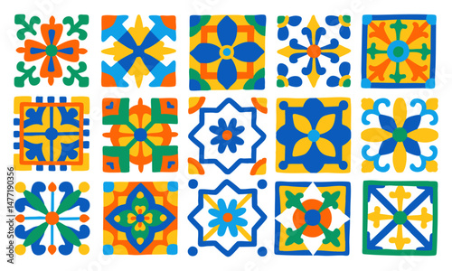 simple Hand Drawn Collection of Portuguese Azulejos Tiles – Tile, Pattern, Ceramic, Portugal, Blue, White, yellow, orange, Traditional, Vintage, Floral, Geometric, Decorative Tile Illustration