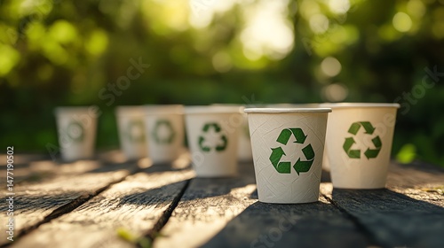 Recyclable cups on a wooden table in a natural setting. photo