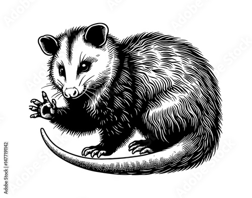 Possum Illustration with Detailed Line Work in Black and White Style Raising Hand