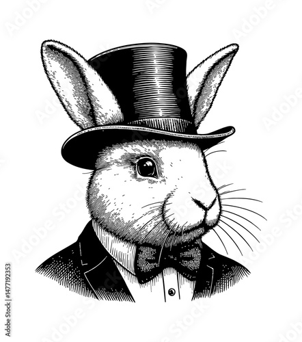 Rabbit wearing a hat and bow tie illustration in black and white engraved style.