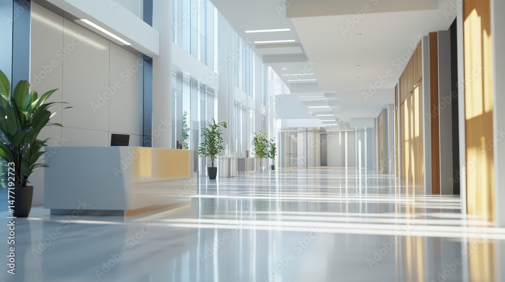 Fototapeta premium Modern bright office hallway with reception desk and plants.