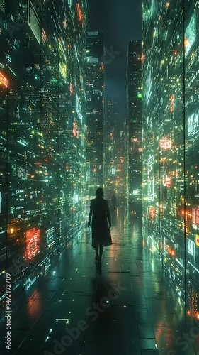 Person walking through a futuristic digital corridor