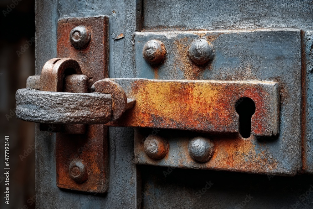 Old rusty padlock on a weathered metal door creating a sense of abandonment and nostalgia in an urban setting Old rusty padlock on a weathered metal door creating a sense of abandonment and nostalgia in an urban setting