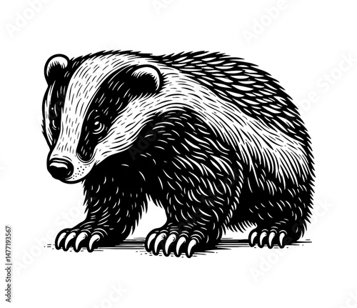 Detailed Black and White Engraving of a Badger Standing with Fur Texture and Sharp Claws