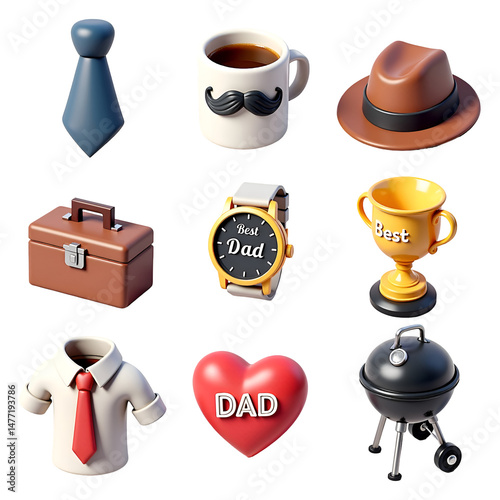 Father's Day 3D Icon Set – Cute Tie, Watch, Mug, Hat, Trophy, Heart, Grill, Tools, and Mustache Symbols for Dad Appreciation and Gift Design.