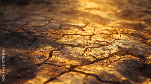 Dry, cracked earth under a scorching, sunlit, and sweltering day—parched ground caused by extreme heat.
