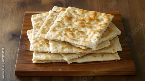 Crispy Matzah Crackers Stack on Wooden Board photo