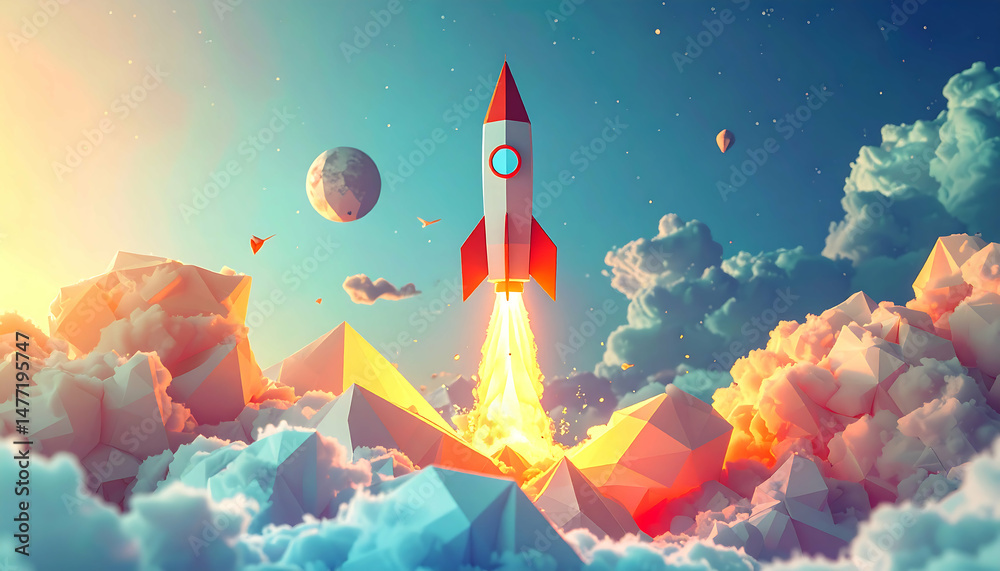 Fototapeta premium Stunning Low Poly Rocket Launching into Space: Digital Art