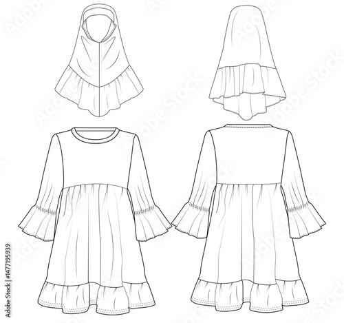 Baby Girls Islam Hijab Jilbab Robe Abaya Dress vector Art design